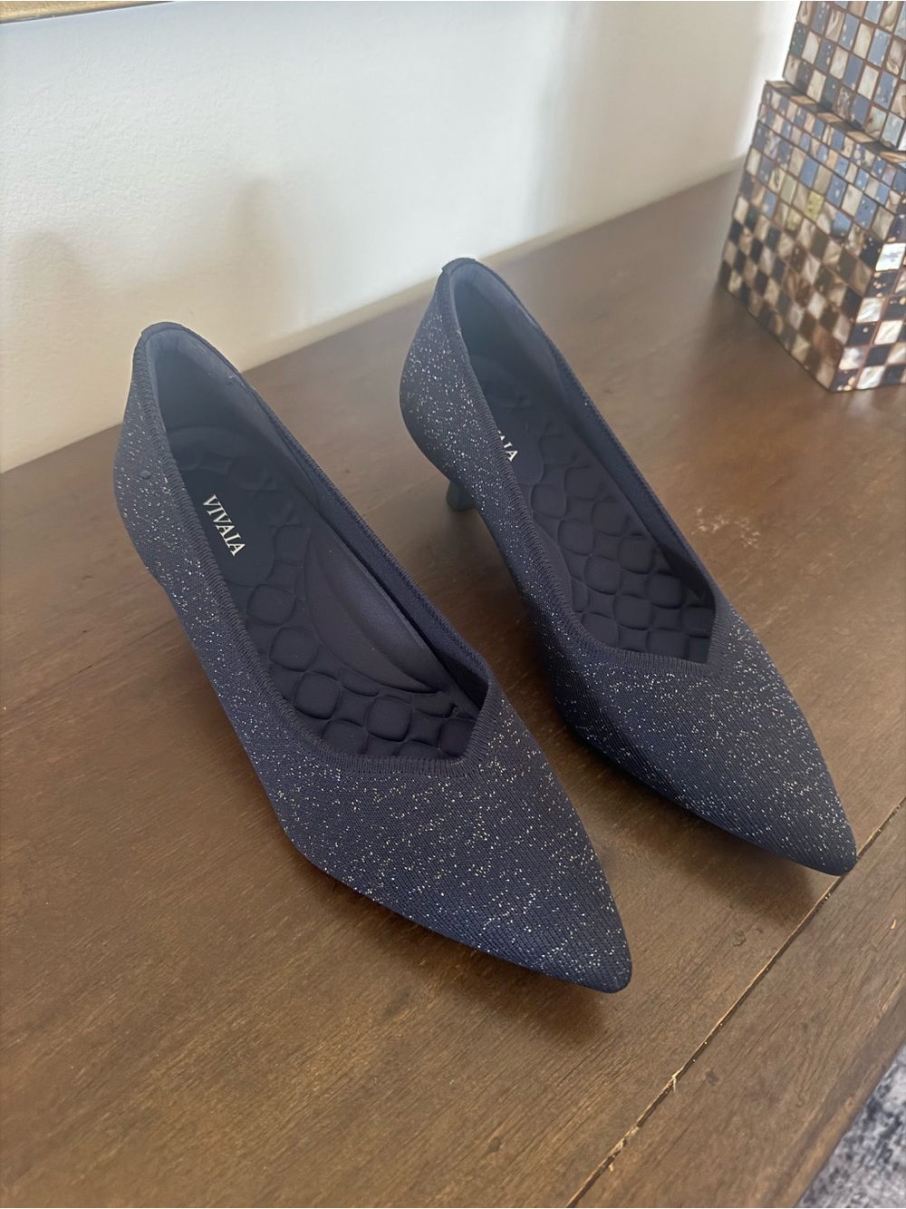VIVALA Navy Glitter Pointed Toe Low Kitten Heel Pumps